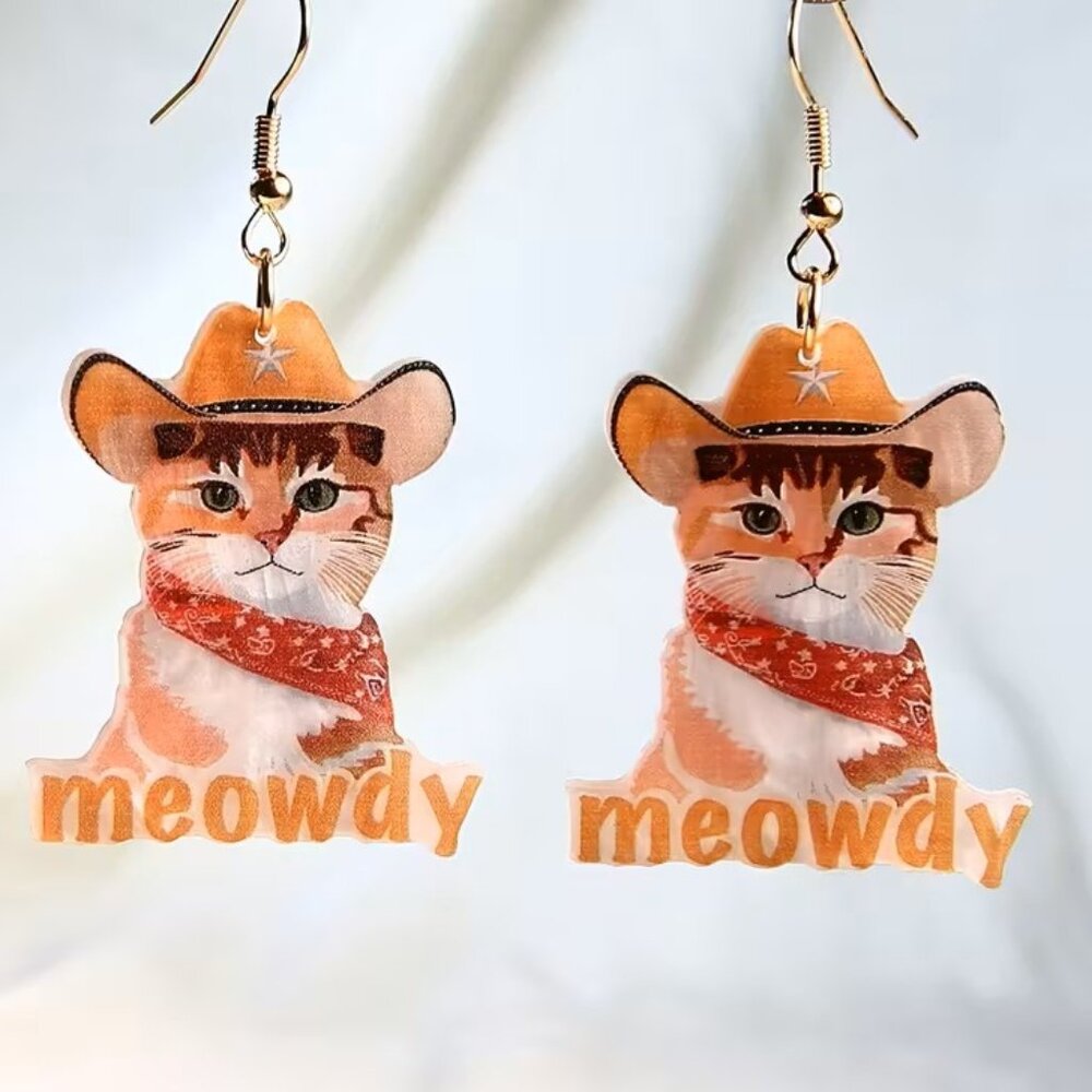 Cute Cowboy Cat Acrylic Resin Drop Earrings "Meowdy" Z202